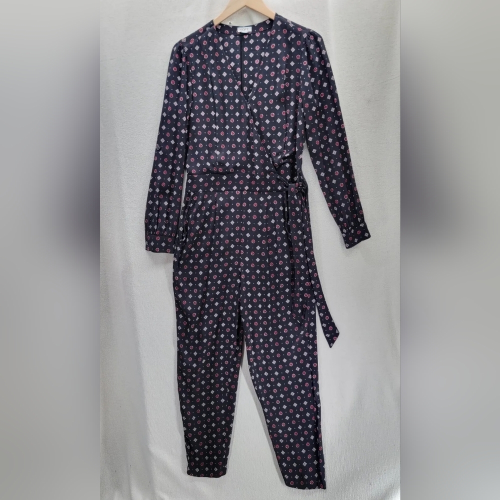 LOFT Red Black Long Sleeve Geometric Floral Faux Wrap Tie Jumpsuit Size- 6